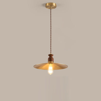 Traditional Vintage Round Umbrella Distressed Walnut Brass 1-Light Pendant Light For Living Room