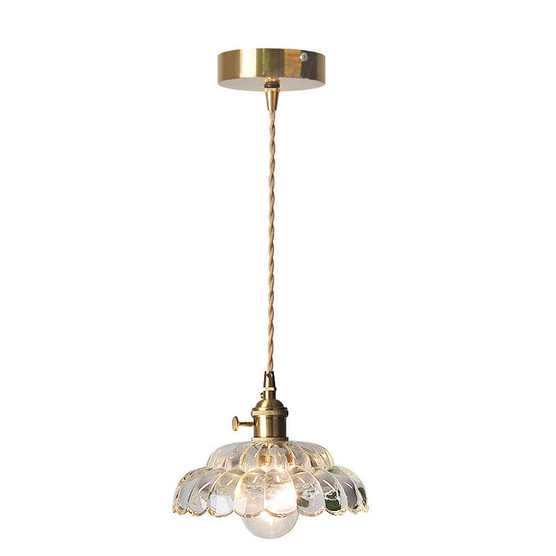 Traditional Japanese Flower Round Glass Brass 1-Light Pendant Light For Living Room
