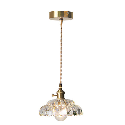 Traditional Japanese Flower Round Glass Brass 1-Light Pendant Light For Living Room
