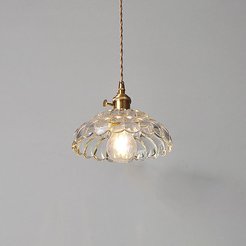 Traditional Japanese Flower Round Glass Brass 1-Light Pendant Light For Living Room