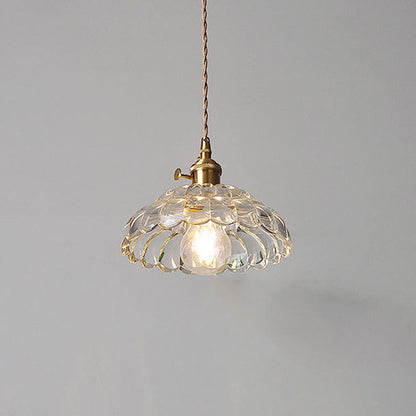Traditional Japanese Flower Round Glass Brass 1-Light Pendant Light For Living Room