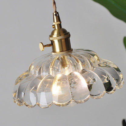 Traditional Japanese Flower Round Glass Brass 1-Light Pendant Light For Living Room