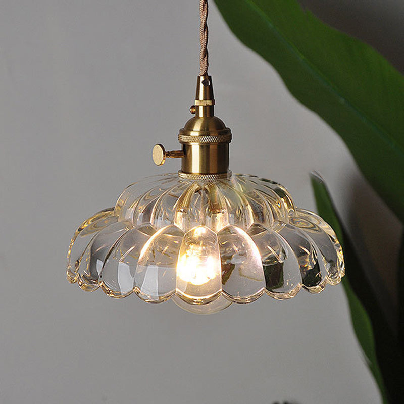 Traditional Japanese Flower Round Glass Brass 1-Light Pendant Light For Living Room