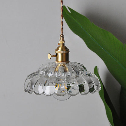 Traditional Japanese Flower Round Glass Brass 1-Light Pendant Light For Living Room