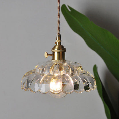 Traditional Japanese Flower Round Glass Brass 1-Light Pendant Light For Living Room