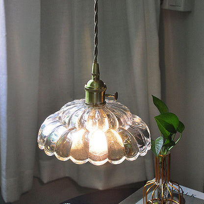 Traditional Japanese Flower Round Glass Brass 1-Light Pendant Light For Living Room