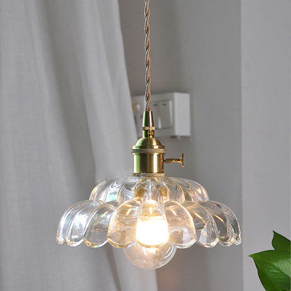 Traditional Japanese Flower Round Glass Brass 1-Light Pendant Light For Living Room