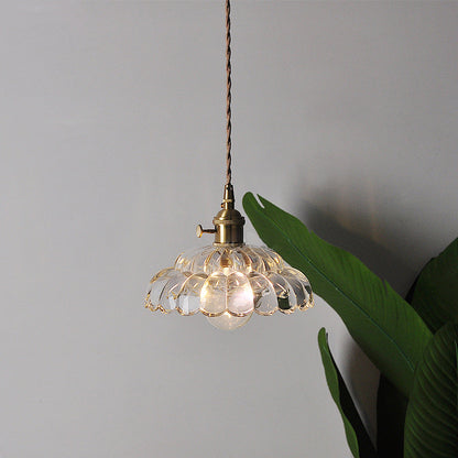 Traditional Japanese Flower Round Glass Brass 1-Light Pendant Light For Living Room