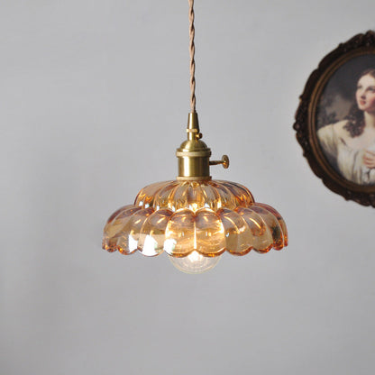 Traditional Japanese Flower Round Glass Brass 1-Light Pendant Light For Living Room