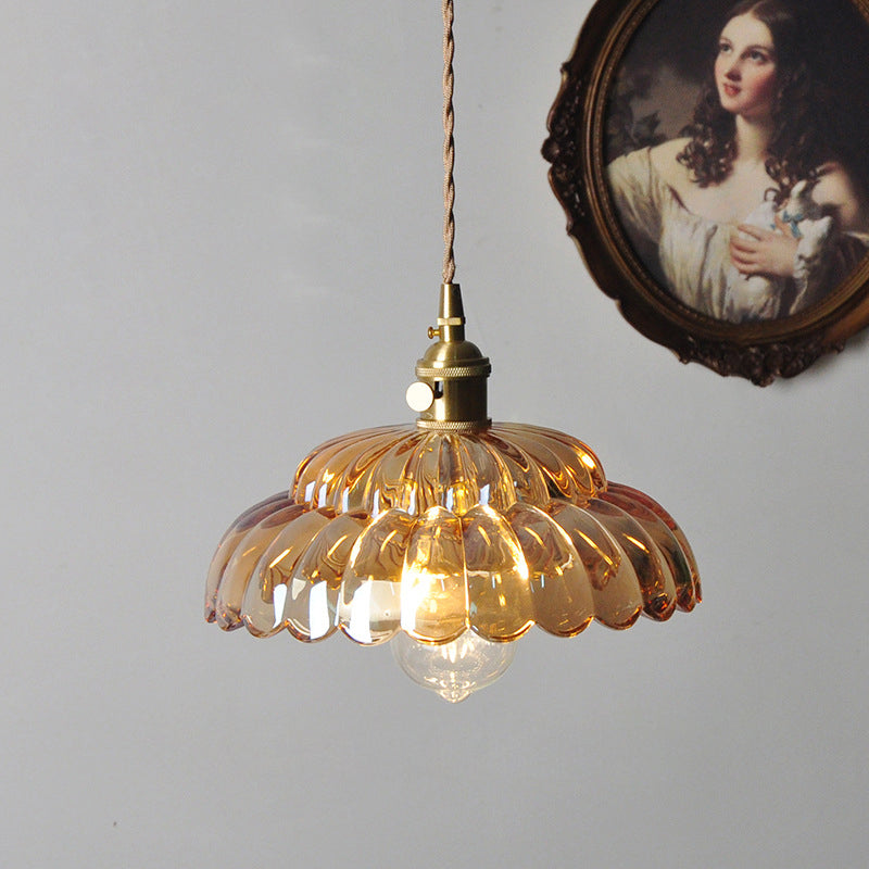 Traditional Japanese Flower Round Glass Brass 1-Light Pendant Light For Living Room