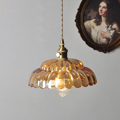 Traditional Japanese Flower Round Glass Brass 1-Light Pendant Light For Living Room