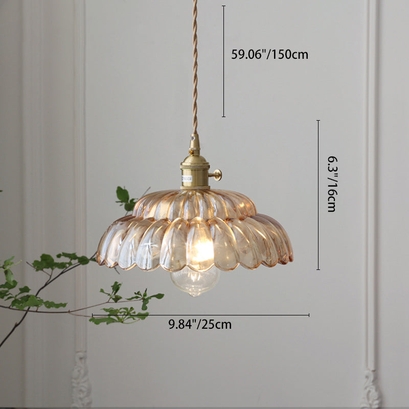 Traditional Japanese Flower Round Glass Brass 1-Light Pendant Light For Living Room