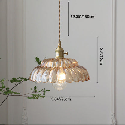Traditional Japanese Flower Round Glass Brass 1-Light Pendant Light For Living Room