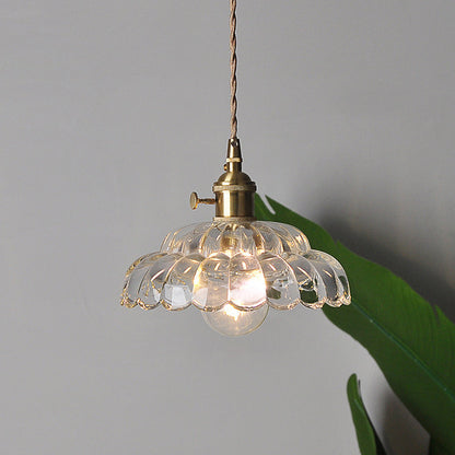 Traditional Japanese Flower Round Glass Brass 1-Light Pendant Light For Living Room