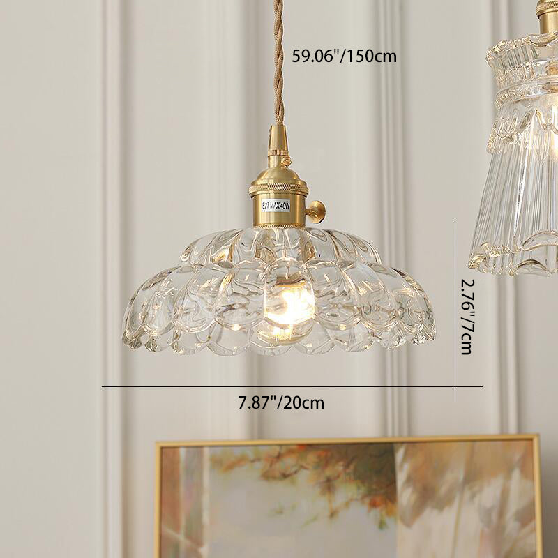 Traditional Japanese Flower Round Glass Brass 1-Light Pendant Light For Living Room