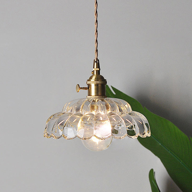 Traditional Japanese Flower Round Glass Brass 1-Light Pendant Light For Living Room
