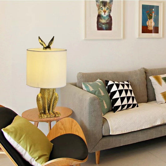 Contemporary Scandinavian Rabbit Round Cylinder Fabric Resin 1-Light Table Lamp For Living Room