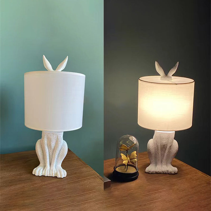 Contemporary Scandinavian Rabbit Round Cylinder Fabric Resin 1-Light Table Lamp For Living Room