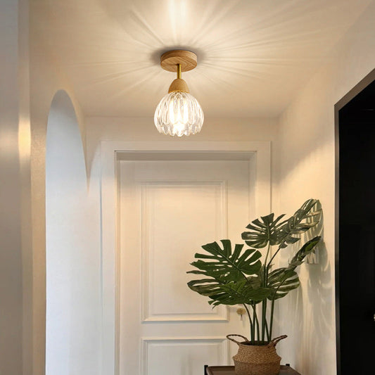 Contemporary Creative Cream Pod Round Glass Wood 1-Light Semi-Flush Mount Ceiling Light For Living Room