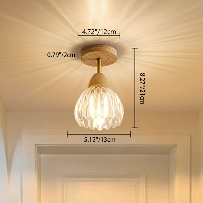 Contemporary Creative Cream Pod Round Glass Wood 1-Light Semi-Flush Mount Ceiling Light For Living Room