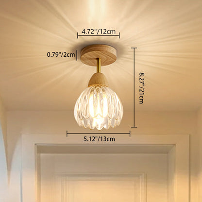 Contemporary Creative Cream Pod Round Glass Wood 1-Light Semi-Flush Mount Ceiling Light For Living Room