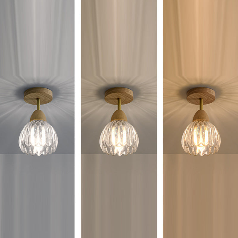 Contemporary Creative Cream Pod Round Glass Wood 1-Light Semi-Flush Mount Ceiling Light For Living Room