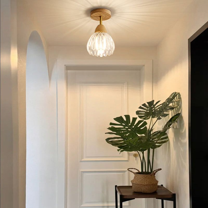 Contemporary Creative Cream Pod Round Glass Wood 1-Light Semi-Flush Mount Ceiling Light For Living Room