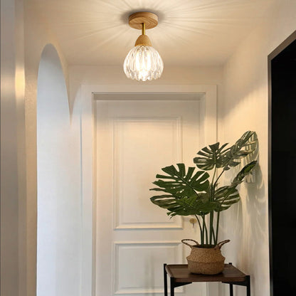 Contemporary Creative Cream Pod Round Glass Wood 1-Light Semi-Flush Mount Ceiling Light For Living Room
