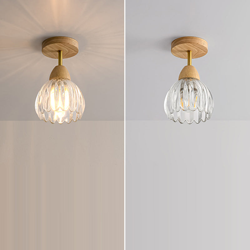 Contemporary Creative Cream Pod Round Glass Wood 1-Light Semi-Flush Mount Ceiling Light For Living Room