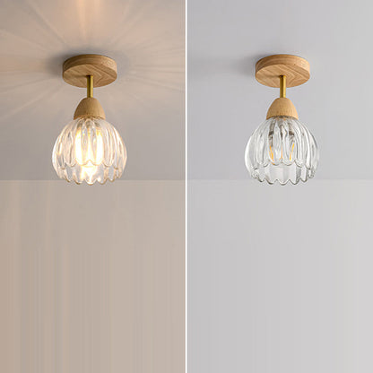 Contemporary Creative Cream Pod Round Glass Wood 1-Light Semi-Flush Mount Ceiling Light For Living Room