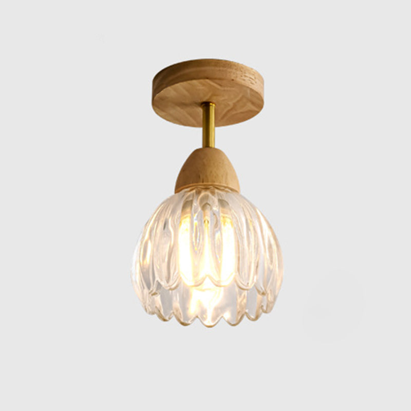 Contemporary Creative Cream Pod Round Glass Wood 1-Light Semi-Flush Mount Ceiling Light For Living Room