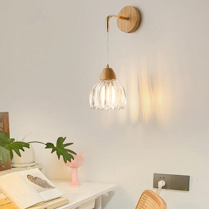 Contemporary Scandinavian Pod Round Curved Glass Wood 1-Light Wall Sconce Lamp For Bedroom
