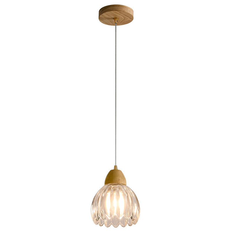 Traditional Japanese Round Distressed Floral Glass Rubberwood 1-Light Pendant Light For Living Room