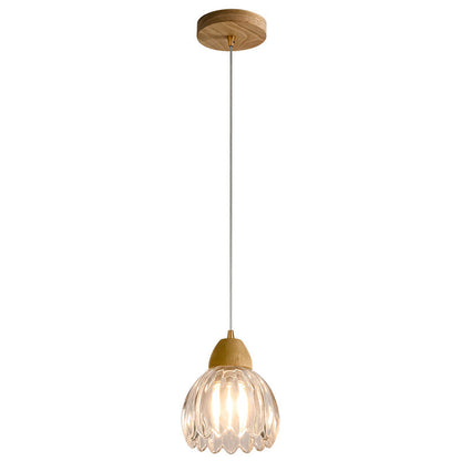Traditional Japanese Round Distressed Floral Glass Rubberwood 1-Light Pendant Light For Living Room