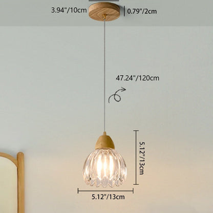 Traditional Japanese Round Distressed Floral Glass Rubberwood 1-Light Pendant Light For Living Room