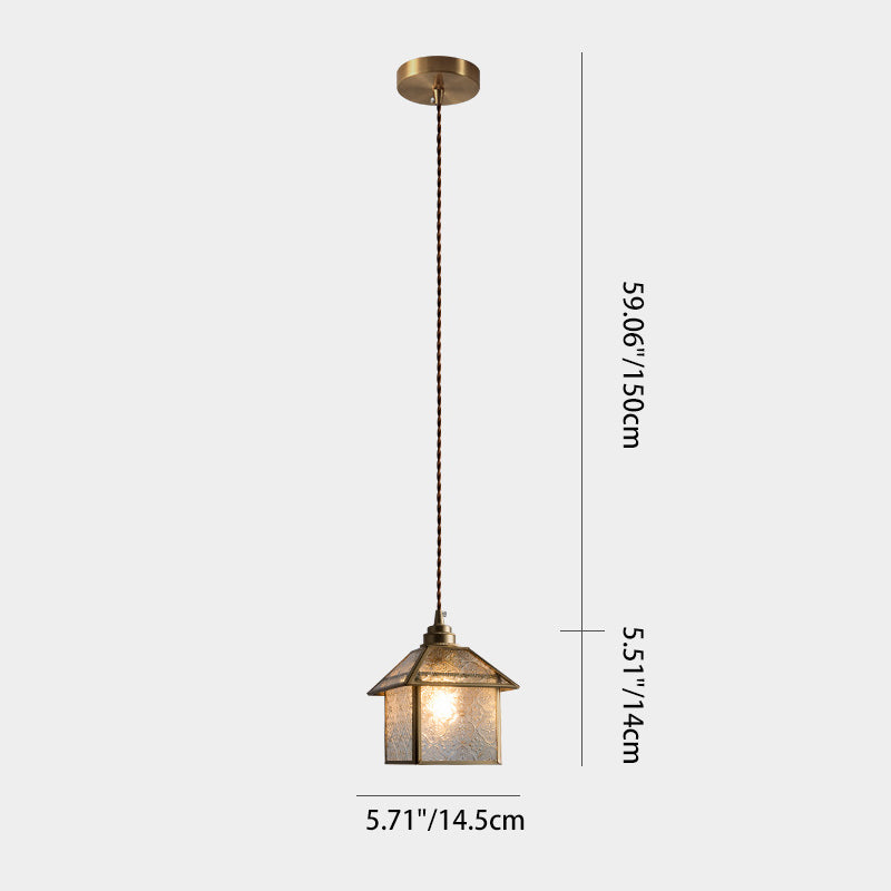 Traditional Chinese House Shape Square Glass Copper 1-Light Pendant Light For Living Room