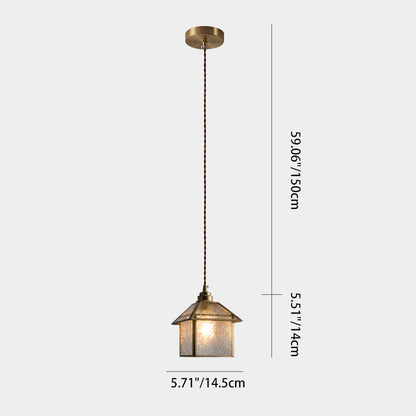 Traditional Chinese House Shape Square Glass Copper 1-Light Pendant Light For Living Room