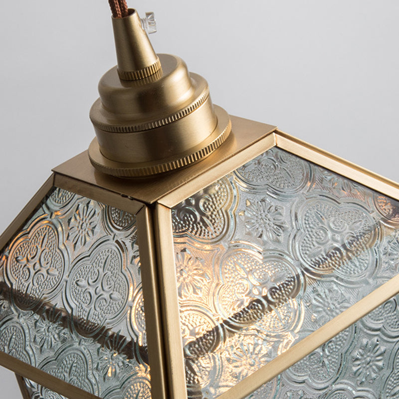 Traditional Chinese House Shape Square Glass Copper 1-Light Pendant Light For Living Room