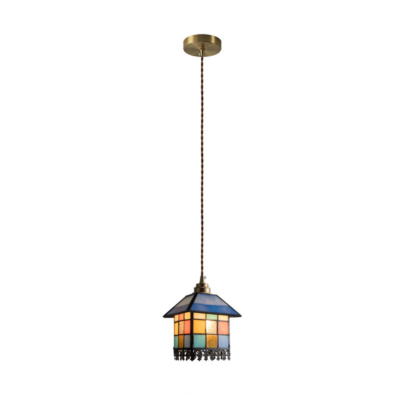 Traditional Chinese House Shape Square Glass Copper 1-Light Pendant Light For Living Room