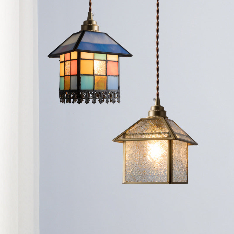Traditional Chinese House Shape Square Glass Copper 1-Light Pendant Light For Living Room