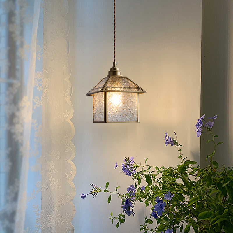 Traditional Chinese House Shape Square Glass Copper 1-Light Pendant Light For Living Room