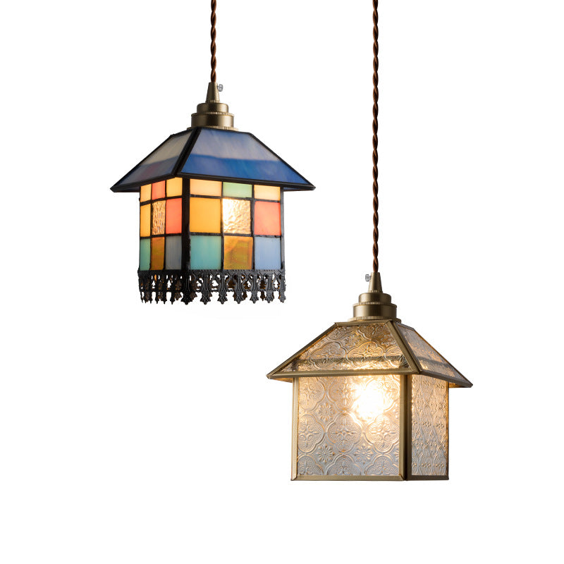 Traditional Chinese House Shape Square Glass Copper 1-Light Pendant Light For Living Room