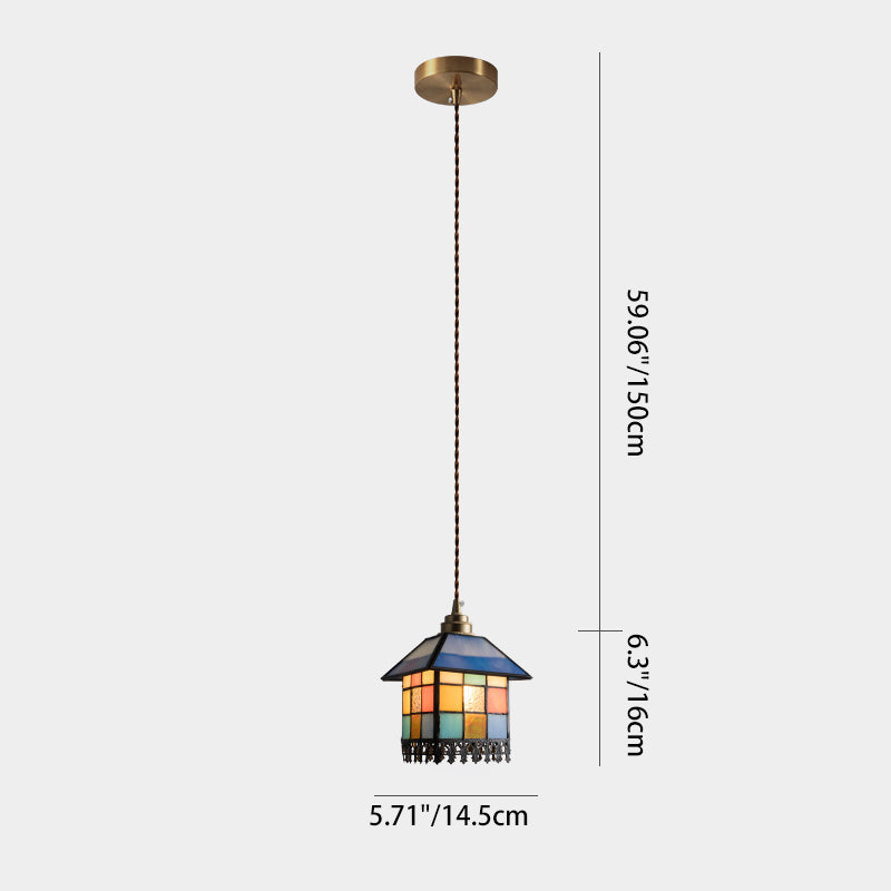 Traditional Chinese House Shape Square Glass Copper 1-Light Pendant Light For Living Room