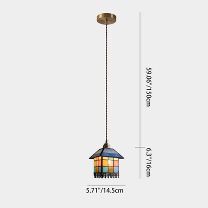 Traditional Chinese House Shape Square Glass Copper 1-Light Pendant Light For Living Room