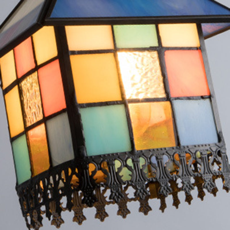 Traditional Chinese House Shape Square Glass Copper 1-Light Pendant Light For Living Room