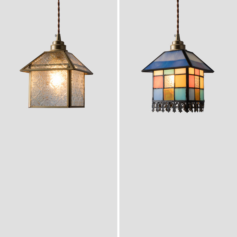 Traditional Chinese House Shape Square Glass Copper 1-Light Pendant Light For Living Room