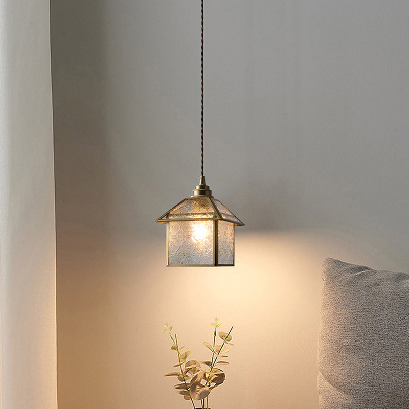 Traditional Chinese House Shape Square Glass Copper 1-Light Pendant Light For Living Room