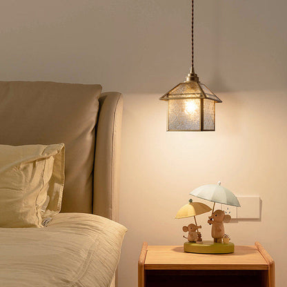 Traditional Chinese House Shape Square Glass Copper 1-Light Pendant Light For Living Room
