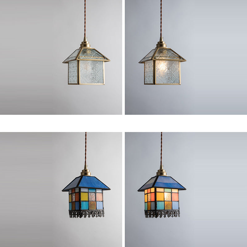 Traditional Chinese House Shape Square Glass Copper 1-Light Pendant Light For Living Room