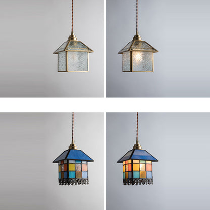 Traditional Chinese House Shape Square Glass Copper 1-Light Pendant Light For Living Room